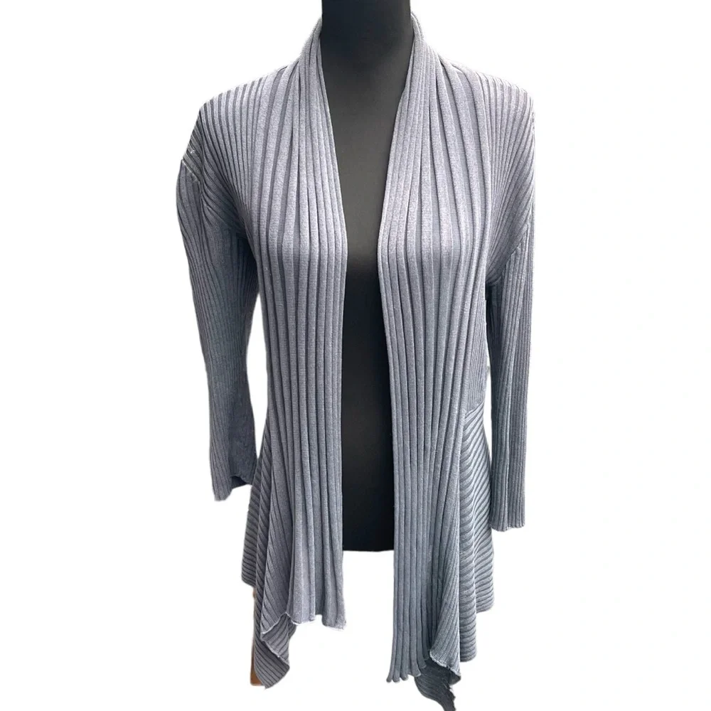 Only Olive Grey Open Front Shawl Collar Knit Lace Back Cardigan Sweater (S) - Picture 4 of 12